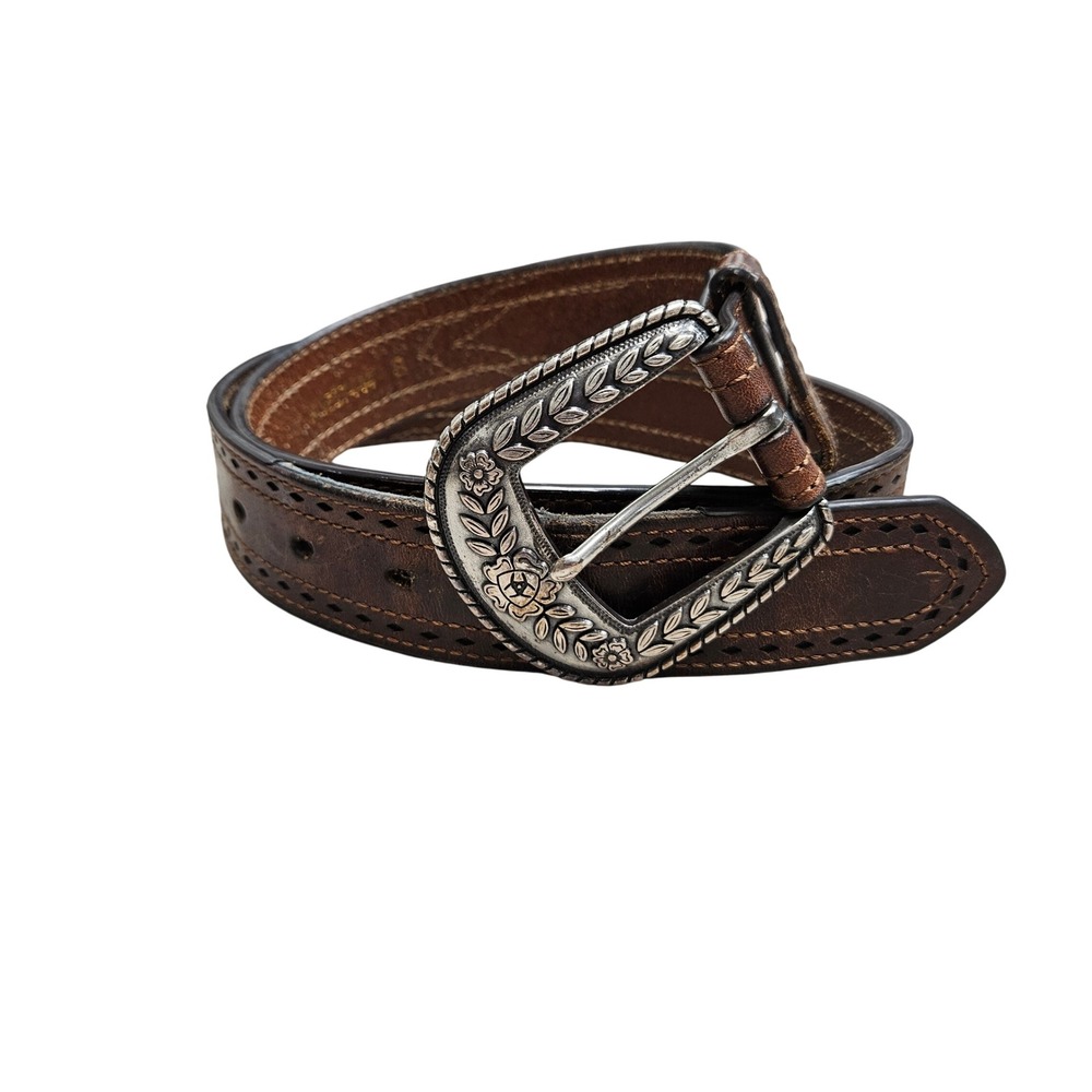 Vintage 90s Ariat Genuine Leather Western Rodeo Belt‎ Silver Floral Buckle S